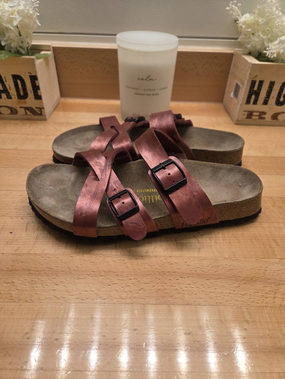 Birkenstock Papillio 245 Red Strappy Buckle Sandals Metallic Womens Size EU 39 - Picture 3 of 11